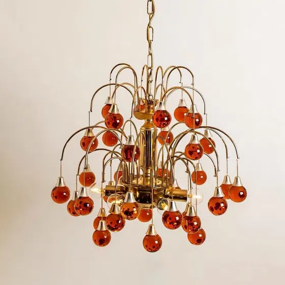 Red Purple Water Drop Glass Pendant Lamp in Iron Plating and Water Drop, product photograph