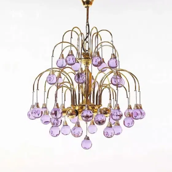 Red Purple Water Drop Glass Pendant Lamp in Iron Plating and Water Drop, detail view