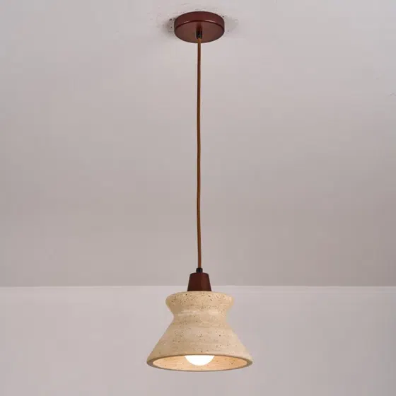 H19cm Retro Cone Stone Wood Pendant Light in Yellow Travertine and Wood and Metal, detail view