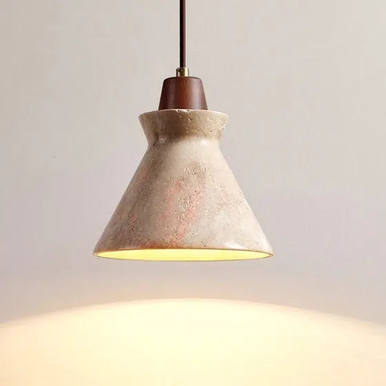 H19cm Retro Cone Stone Wood Pendant Light in Yellow Travertine and Wood and Metal, installed view