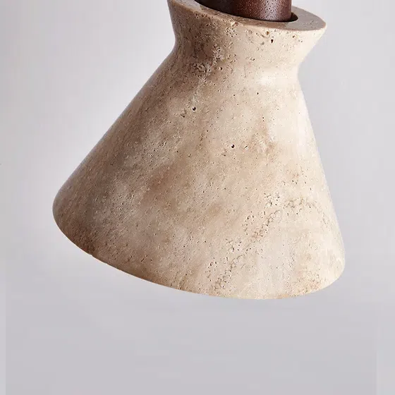 H19cm Retro Cone Stone Wood Pendant Light in Yellow Travertine and Wood and Metal, scale view