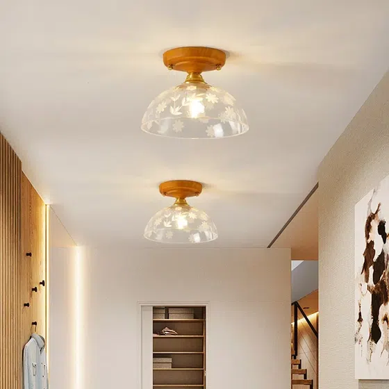 Retro Lotus Leaf Aluminum Glass Small Ceiling Light in Wood and Aluminum and Glass, detail view