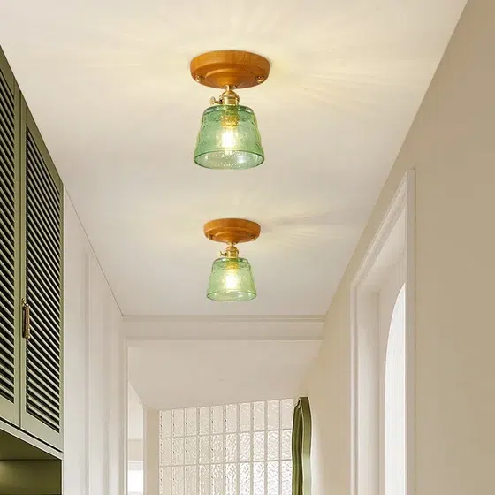 Retro Lotus Leaf Aluminum Glass Small Ceiling Light in Wood and Aluminum and Glass, installed view