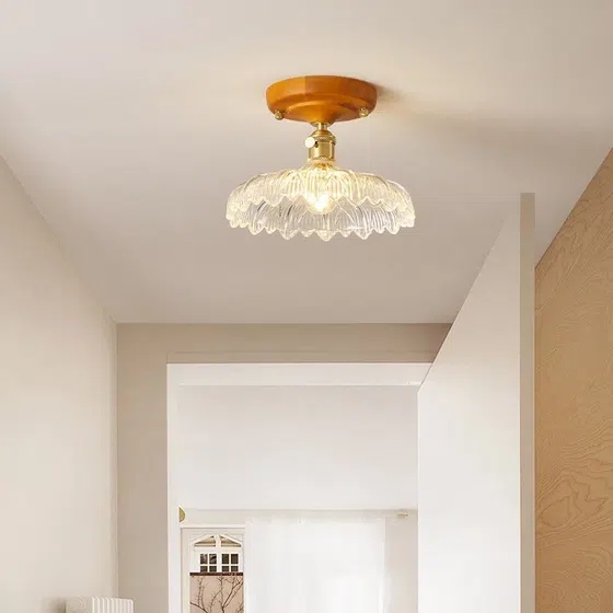 Retro Lotus Leaf Aluminum Glass Small Ceiling Light in Wood and Aluminum and Glass, scale view