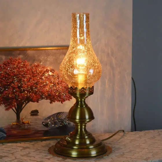 Retro Metal Electric Glass Flame Table Lamp in Copper and Glass, installed view