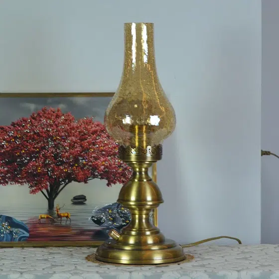 Retro Metal Electric Glass Flame Table Lamp in Copper and Glass, scale view