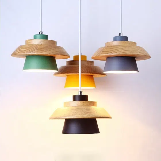 Retro Metal Wood Pendant Light in Metal and Wood, product photograph