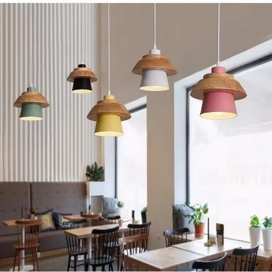 Retro Metal Wood Pendant Light in Metal and Wood, detail view