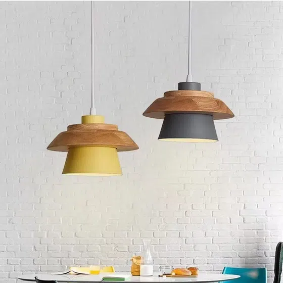 Retro Metal Wood Pendant Light in Metal and Wood, installed view