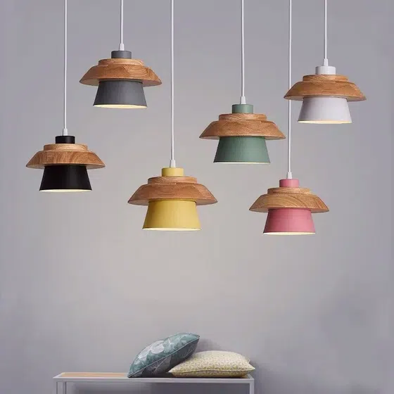 Retro Metal Wood Pendant Light in Metal and Wood, scale view