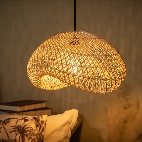 H40cm Retro Wood Rattan Pendant Light in Wood and Metal, product photograph