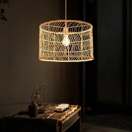 H40cm Retro Wood Rattan Pendant Light in Wood and Metal, installed view