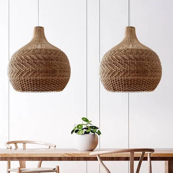 H40cm Retro Wood Rattan Pendant Light in Wood and Metal, scale view