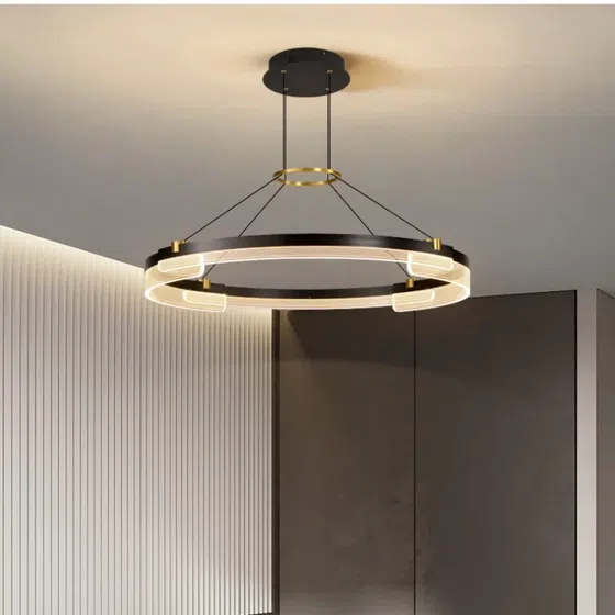 D100CM Round Acrylic Black LED Pendant Light in Aluminum, installed view