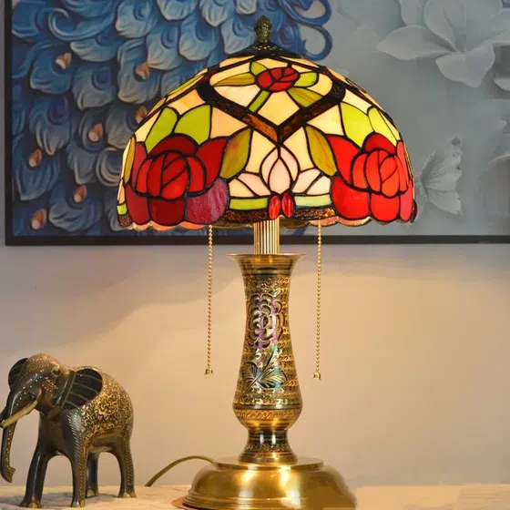 Rural Creative Stained Glass LED Table Lamp in Copper and Glass, product photograph