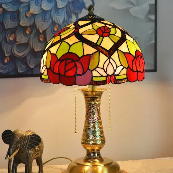 Rural Creative Stained Glass LED Table Lamp in Copper and Glass, detail view