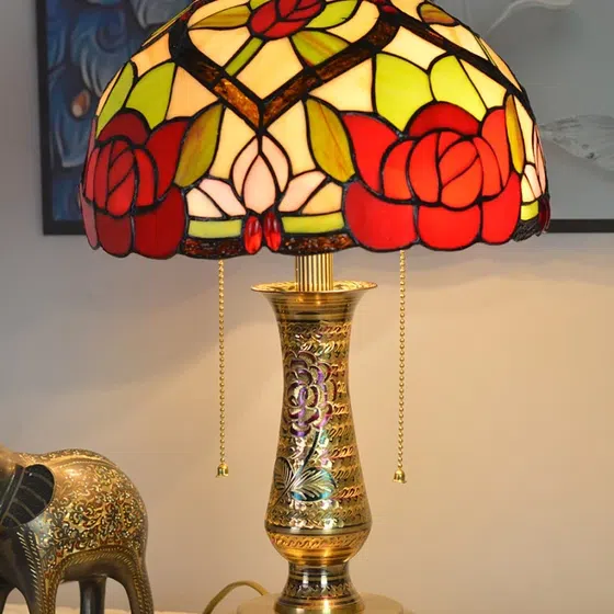 Rural Creative Stained Glass LED Table Lamp in Copper and Glass, installed view