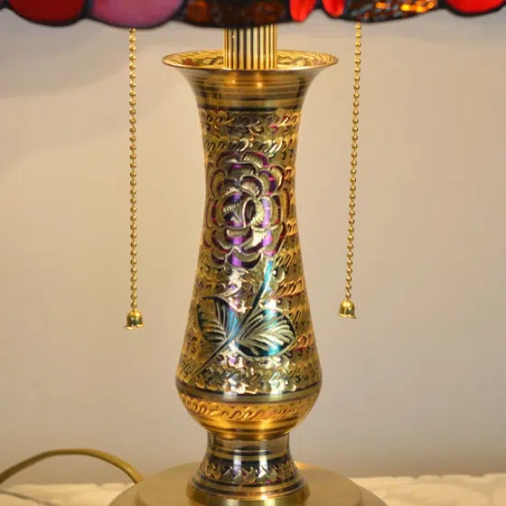 Rural Creative Stained Glass LED Table Lamp in Copper and Glass, scale view