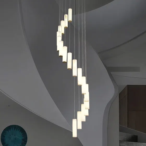 S Shape Long White Marble Pendant Light in Copper and Marble, product photograph