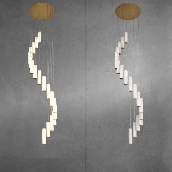 S Shape Long White Marble Pendant Light in Copper and Marble, installed view