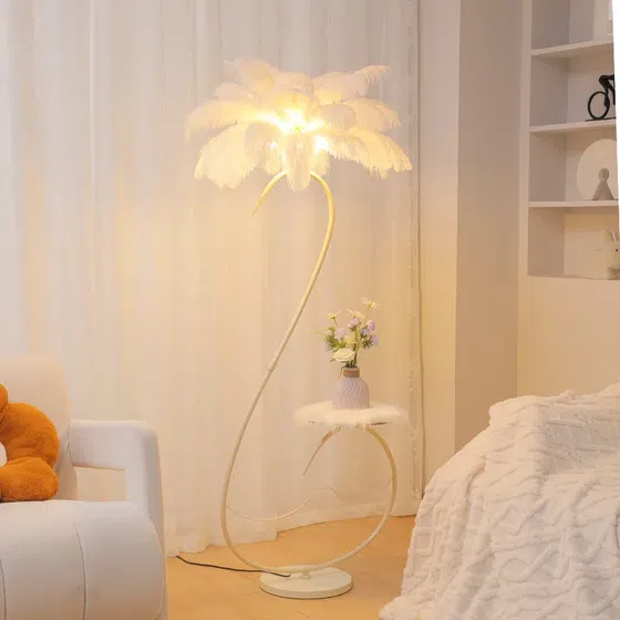 H160CM S-Shaped Colorful Feather LED Floor Light in Hardware and Feather, detail view