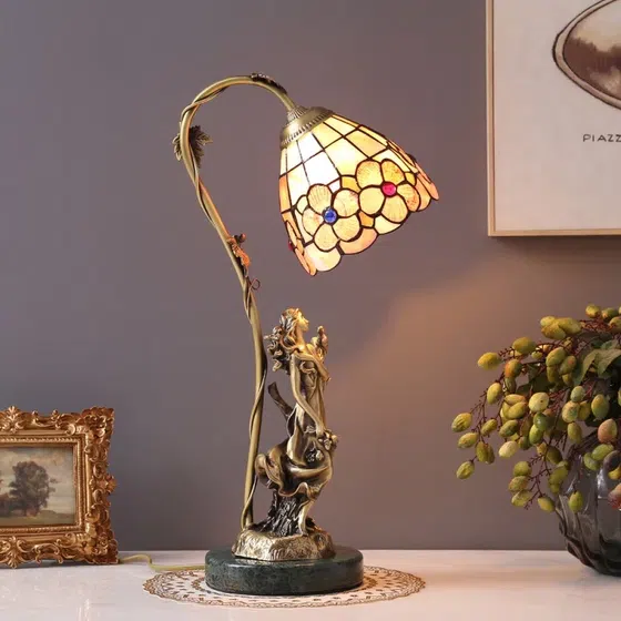 European Shell Marble Stained Glass Table Light in Copper and Marble and Shell, installed view
