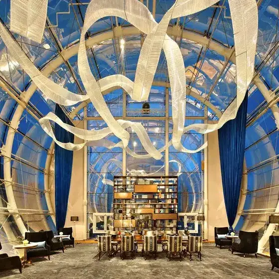 Silk Wave Glass Chandelier in Stainless Steel and Glass, installed view