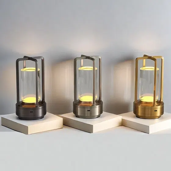Golden Silver Black Lantern LED Table Lamp in Aluminum and Acrylic, product photograph