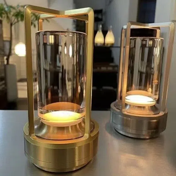 Golden Silver Black Lantern LED Table Lamp in Aluminum and Acrylic, detail view