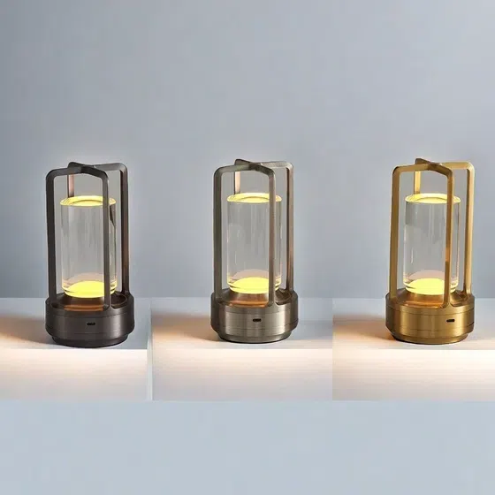 Golden Silver Black Lantern LED Table Lamp in Aluminum and Acrylic, installed view