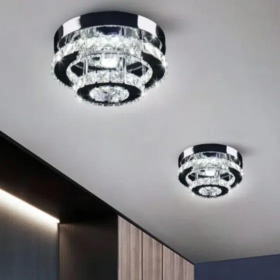 Round Stainless Steel Crystal Ceiling Lamp in Stainless Steel and Crystal, detail view