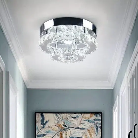 Round Stainless Steel Crystal Ceiling Lamp in Stainless Steel and Crystal, installed view