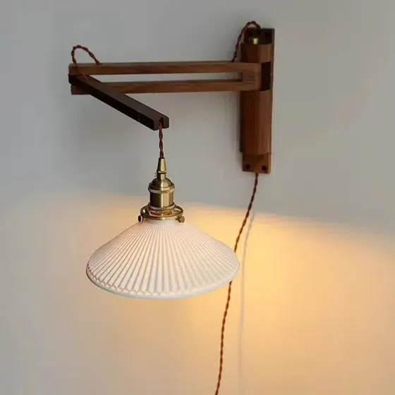 Retro Telescopic Folding Iron Wood Glass Wall Lamp in Iron and Glass and Wood, product photograph