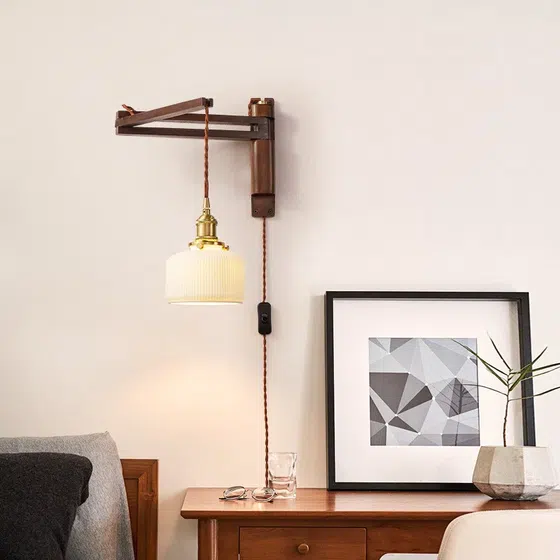 Retro Telescopic Folding Iron Wood Glass Wall Lamp in Iron and Glass and Wood, detail view