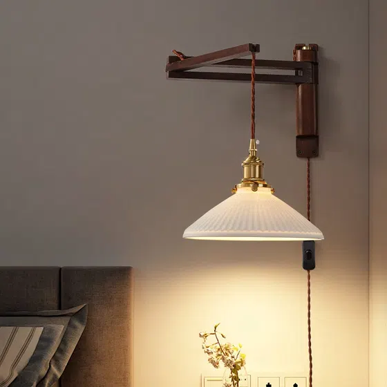 Retro Telescopic Folding Iron Wood Glass Wall Lamp in Iron and Glass and Wood, installed view