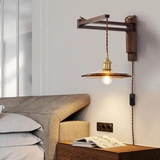 Retro Telescopic Folding Iron Wood Glass Wall Lamp in Iron and Glass and Wood, scale view
