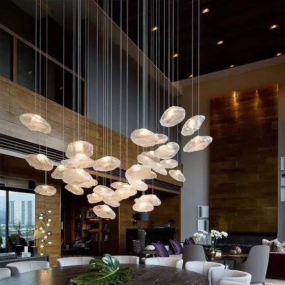 Gold Transparent Cloud Custom Glass Chandelier in Stainless Steel and Glass, product photograph