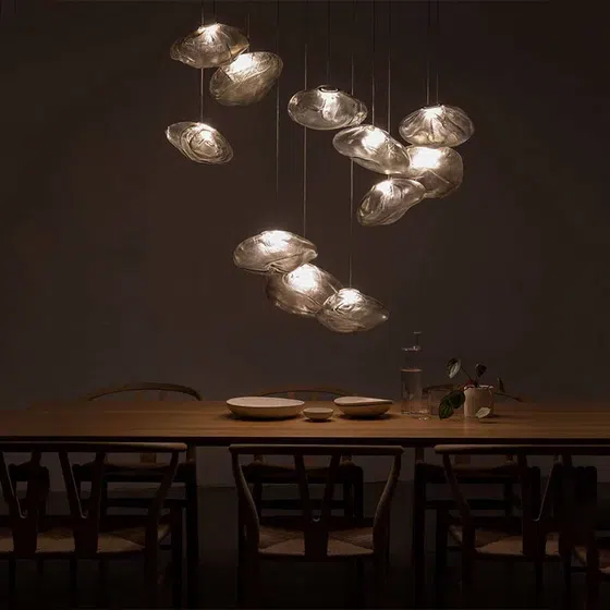 Gold Transparent Cloud Custom Glass Chandelier in Stainless Steel and Glass, detail view