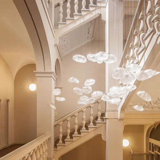 Gold Transparent Cloud Custom Glass Chandelier in Stainless Steel and Glass, installed view