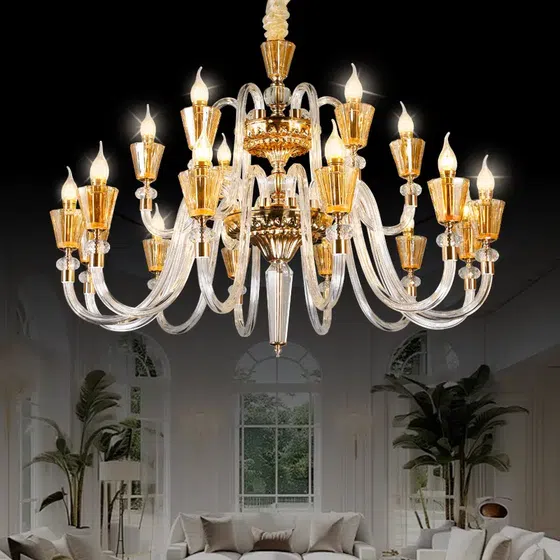 Transparent Golden Glass Tube Chandelier in Iron and Crystal and Glass, product photograph
