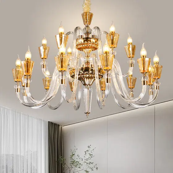 Transparent Golden Glass Tube Chandelier in Iron and Crystal and Glass, installed view