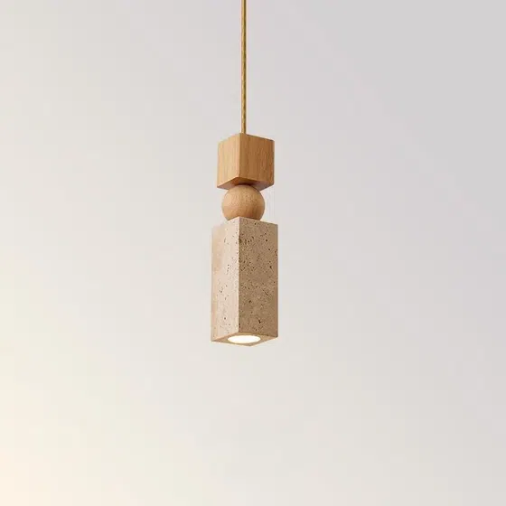 Wabi Sabi Travertine Marble Pendant Light in Yellow Travertine and Wood and Metal, product photograph