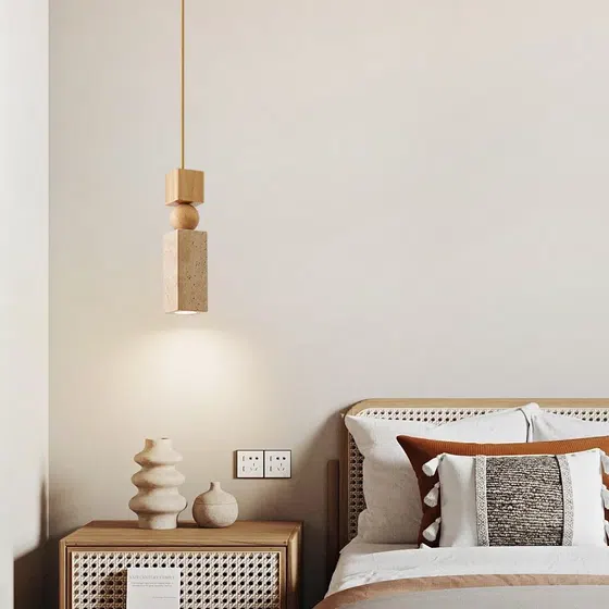 Wabi Sabi Travertine Marble Pendant Light in Yellow Travertine and Wood and Metal, detail view