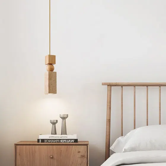 Wabi Sabi Travertine Marble Pendant Light in Yellow Travertine and Wood and Metal, installed view