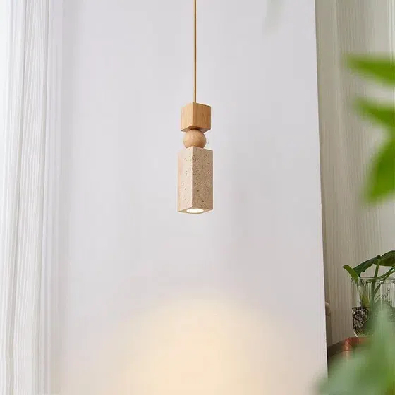 Wabi Sabi Travertine Marble Pendant Light in Yellow Travertine and Wood and Metal, scale view