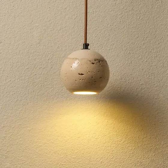 D11cm Travertine Small LED Pendant Light in Wood and Yellow Travertine, product photograph