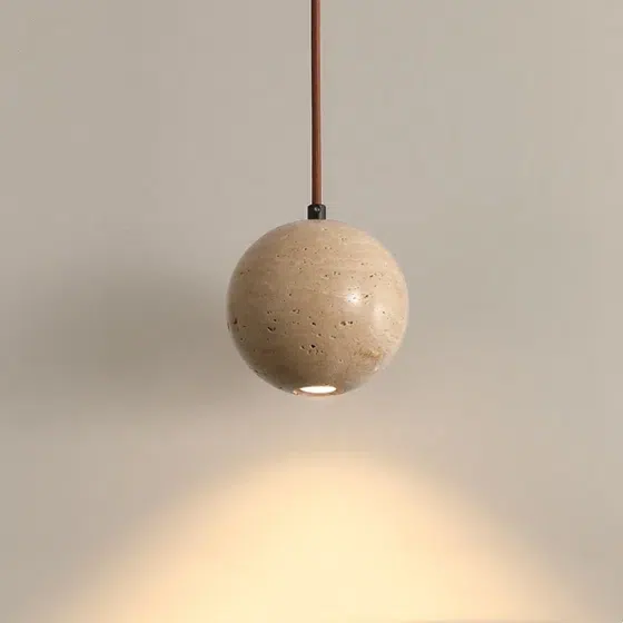 D11cm Travertine Small LED Pendant Light in Wood and Yellow Travertine, detail view