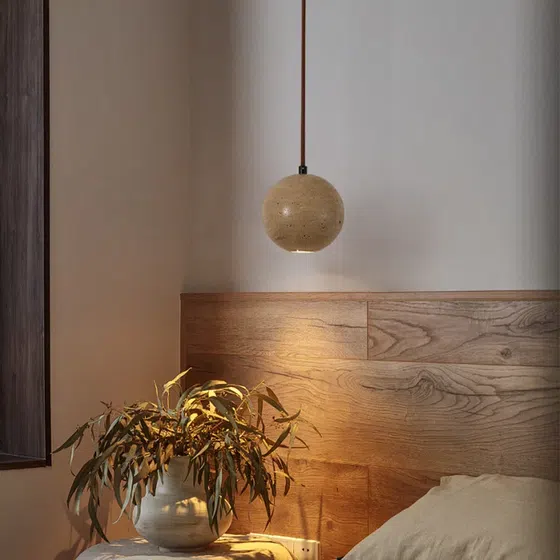 D11cm Travertine Small LED Pendant Light in Wood and Yellow Travertine, scale view