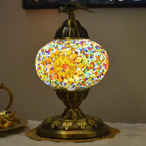 Turkish Moroccan Mosaic Glass Table Light in Copper and Mosaic Glass, product photograph