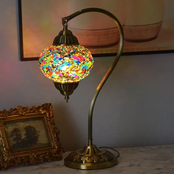 Turkish Style Colourful Copper Mosaic Glass Table Light in Copper and Mosaic Glass, installed view